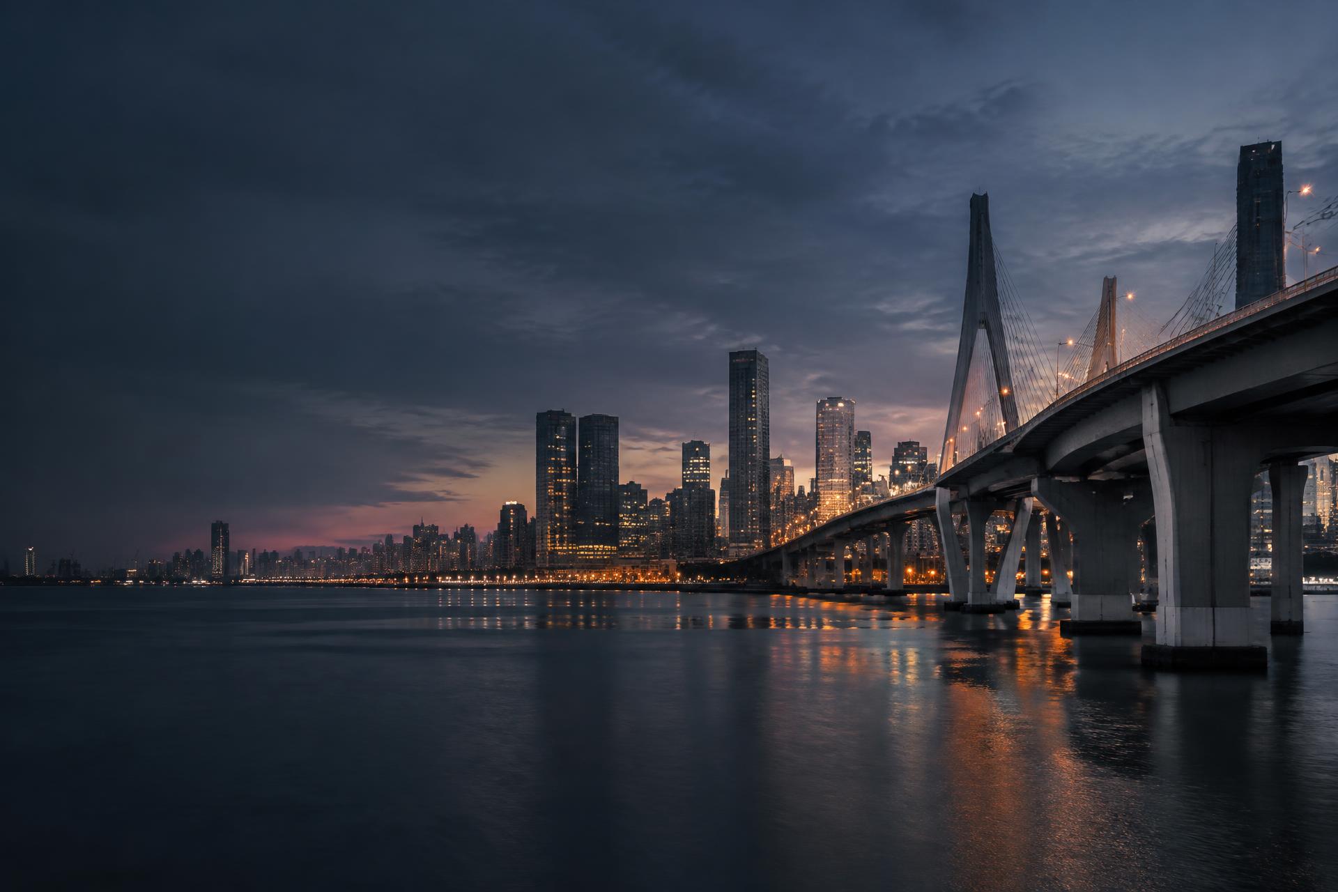 Modern city and bridge infrastructure at dusk